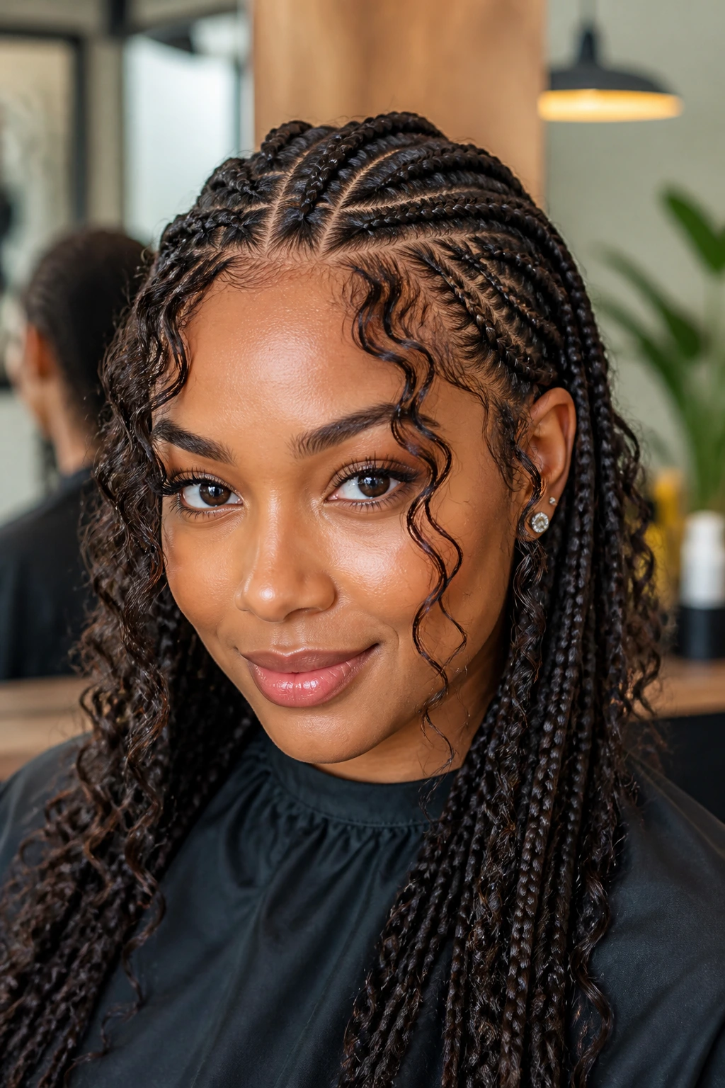Front portrait of real woman with curly accent pieces in braids near temples