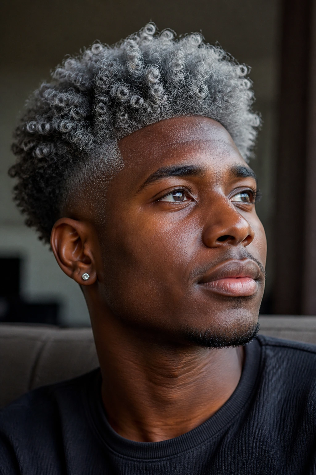 Close-up of a person with curly silver-gray Afro and tapered sides.