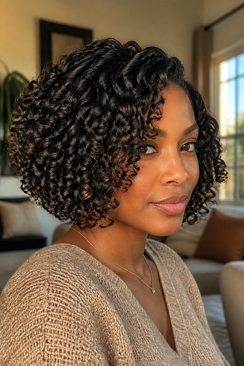 Close-up portrait of a real Black woman with curly angled bob and rounded ends