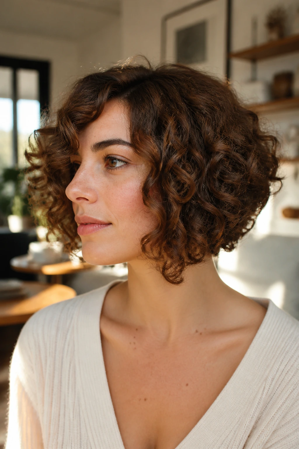 Close-up of a real woman wearing a curly angled bob in a sunlit room.