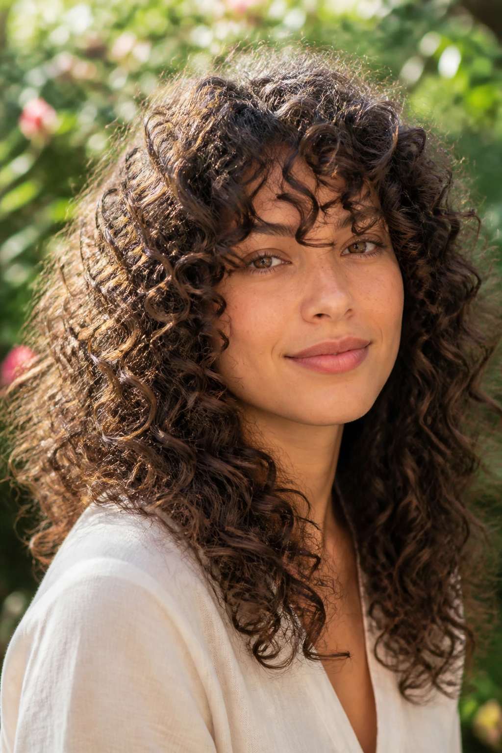 Close-up portrait of a real woman with curly angled layers and curly bangs.