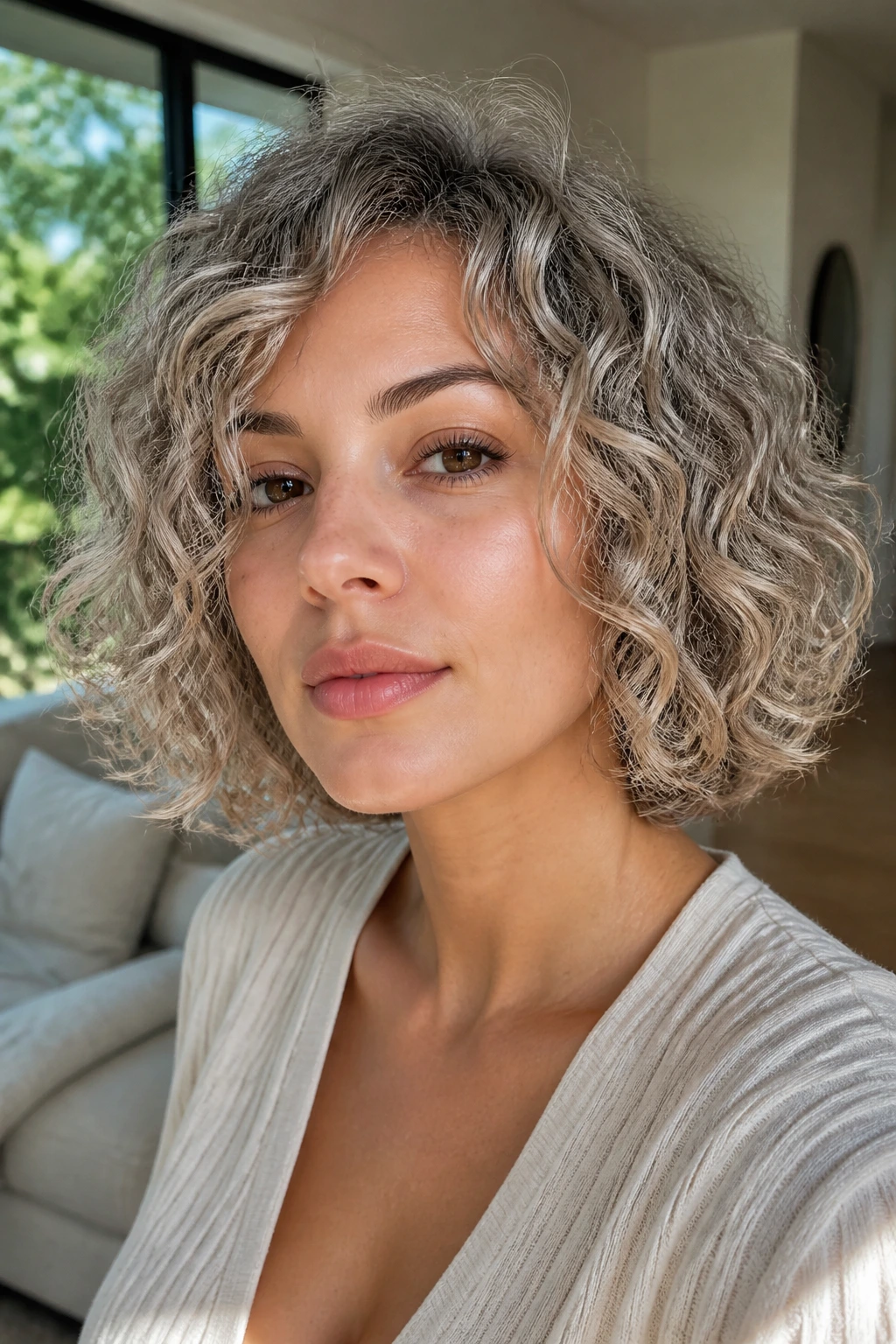 Real woman with curly ash bob and rounded silhouette