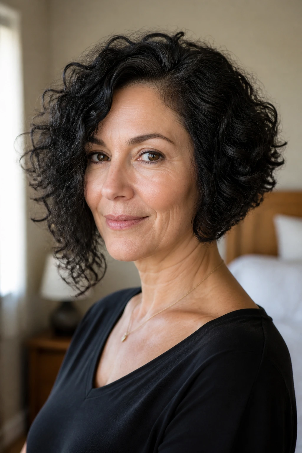 Close-up of a real woman with a curly asymmetrical bob showing a diagonal longer side