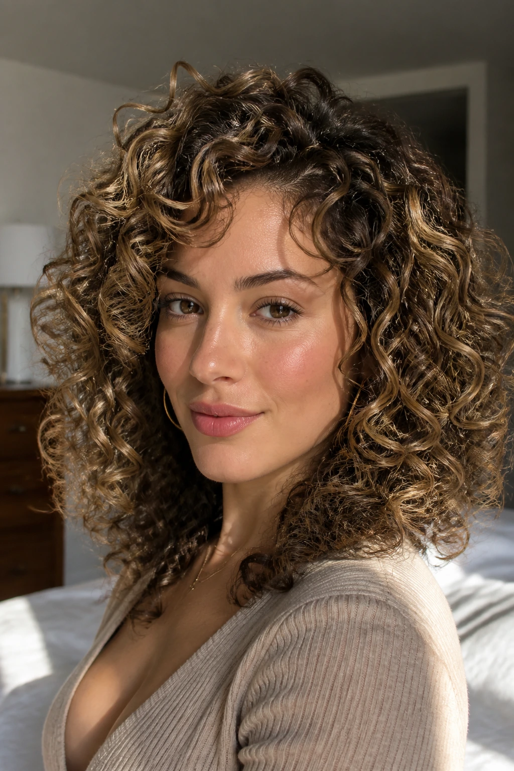 Close-up of a real person with curly hair and subtle babylights in natural window light