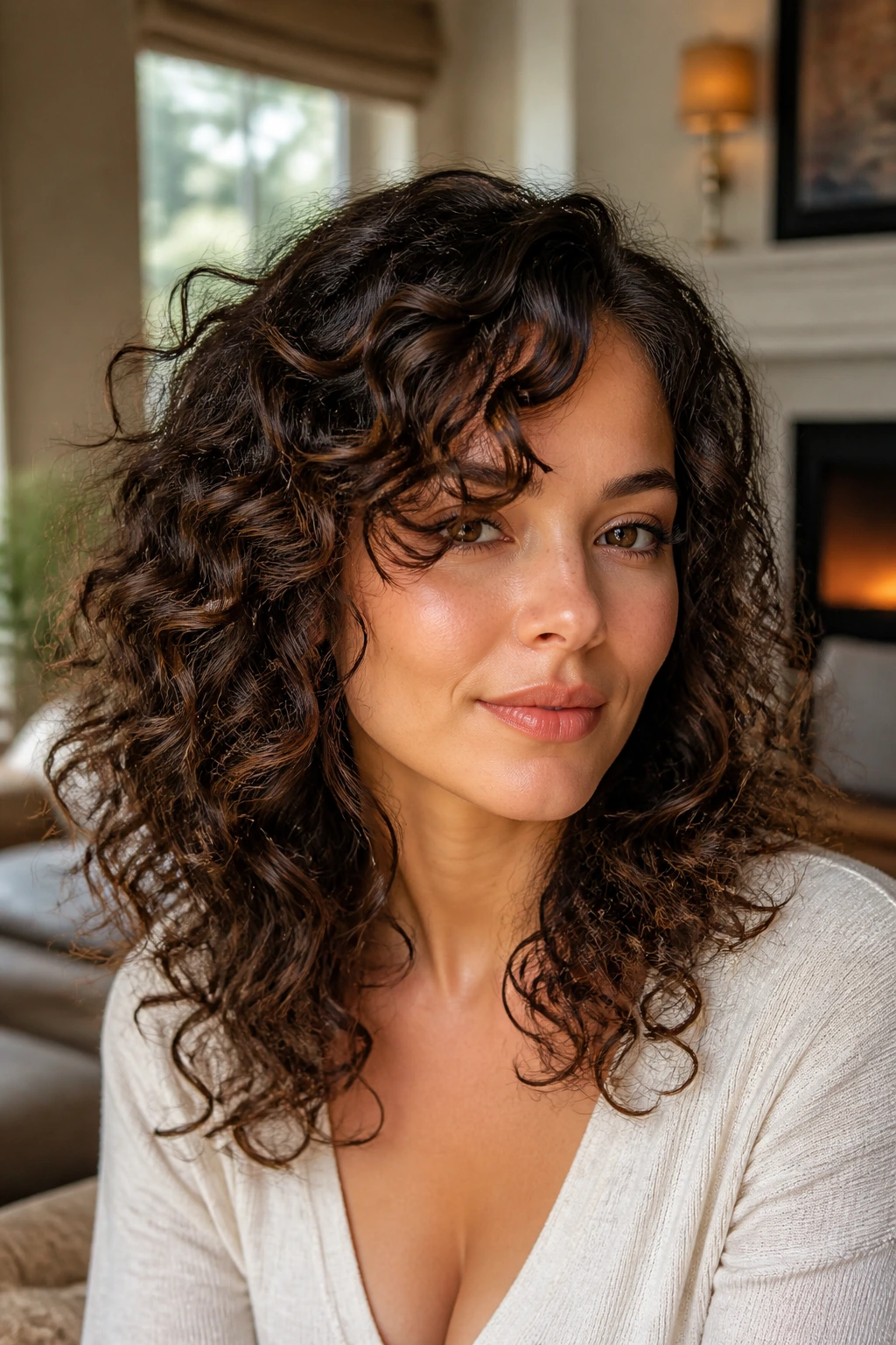 Close-up portrait showing balanced curly hairstyle on a heart-shaped face