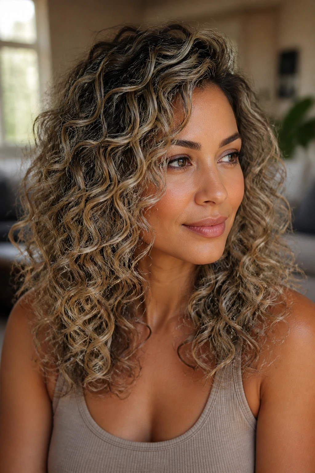 Close-up of a real woman with curly ash blonde ribbon balayage weaving through curls.
