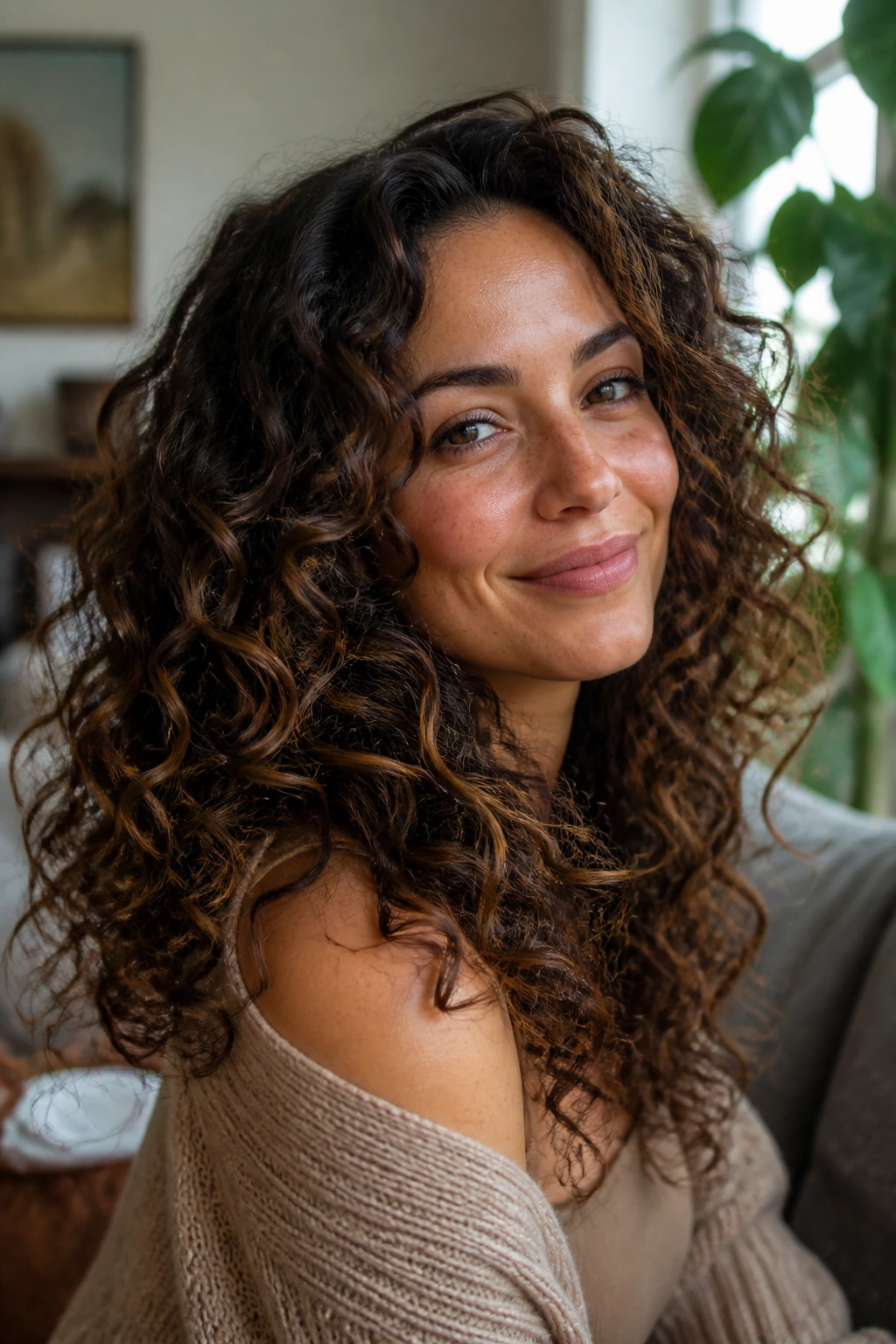 Close-up portrait of a woman with curly brunette balayage and caramel highlights.