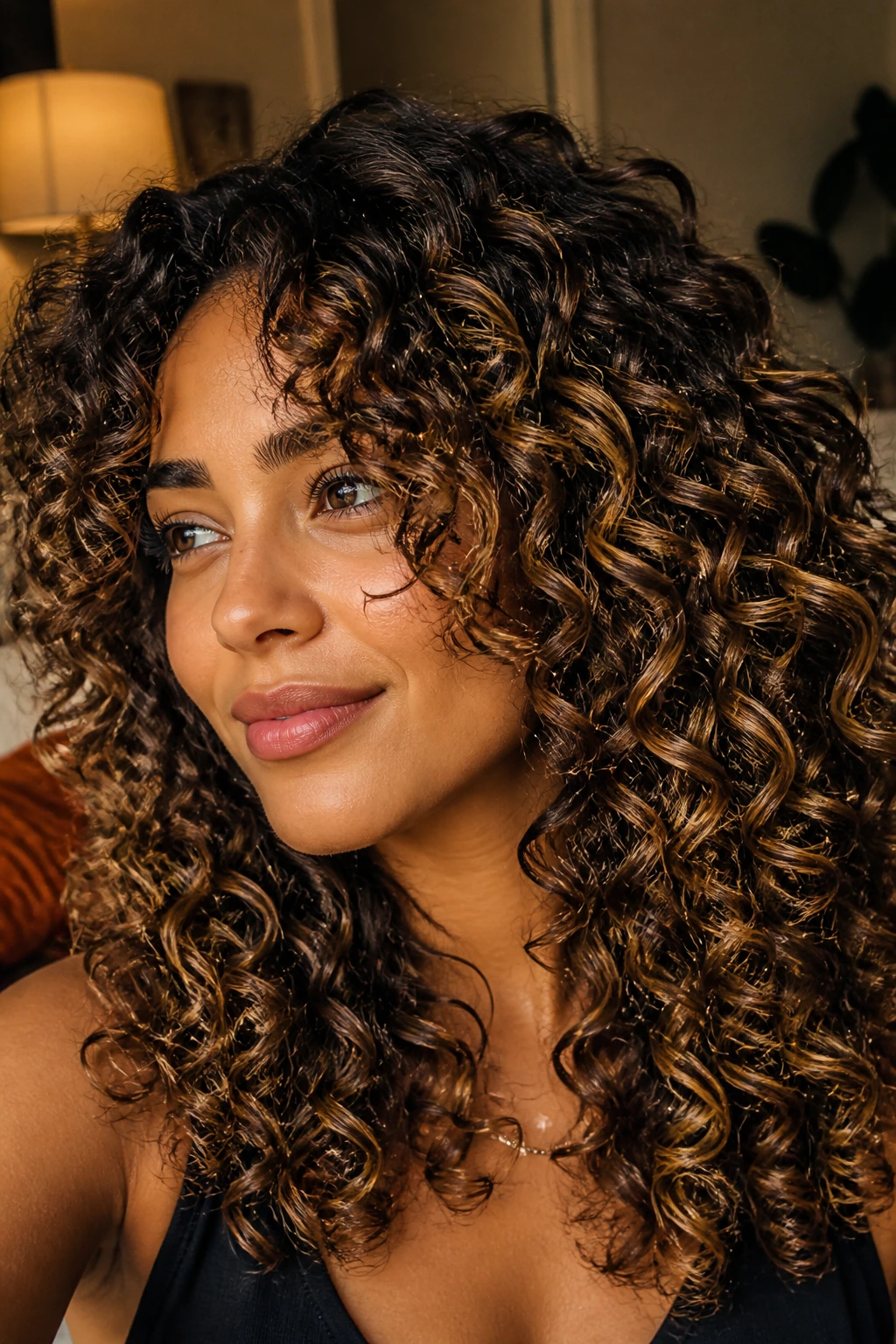 Close-up of curly hair with subtle balayage on medium skin tone.