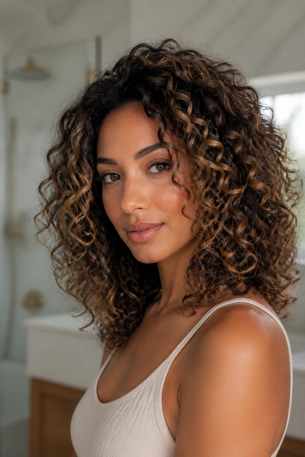 Close-up of curly hair with subtle color placed to follow curl patterns