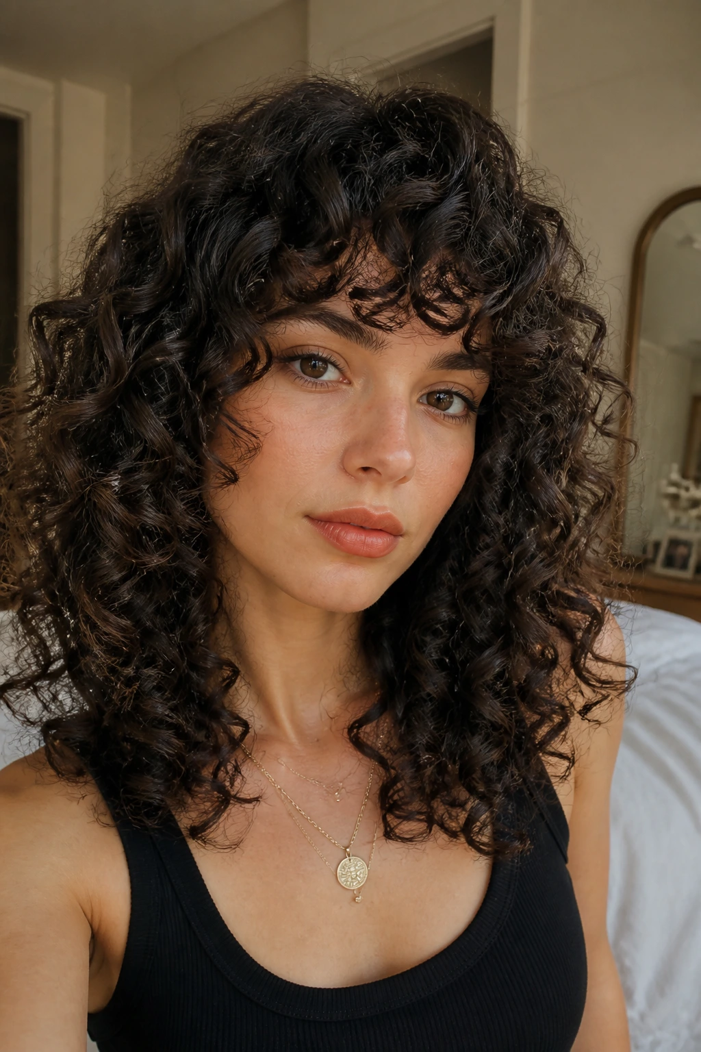 Close-up of a real woman with curly blunt bangs and a soft edge on an oval face, natural window light
