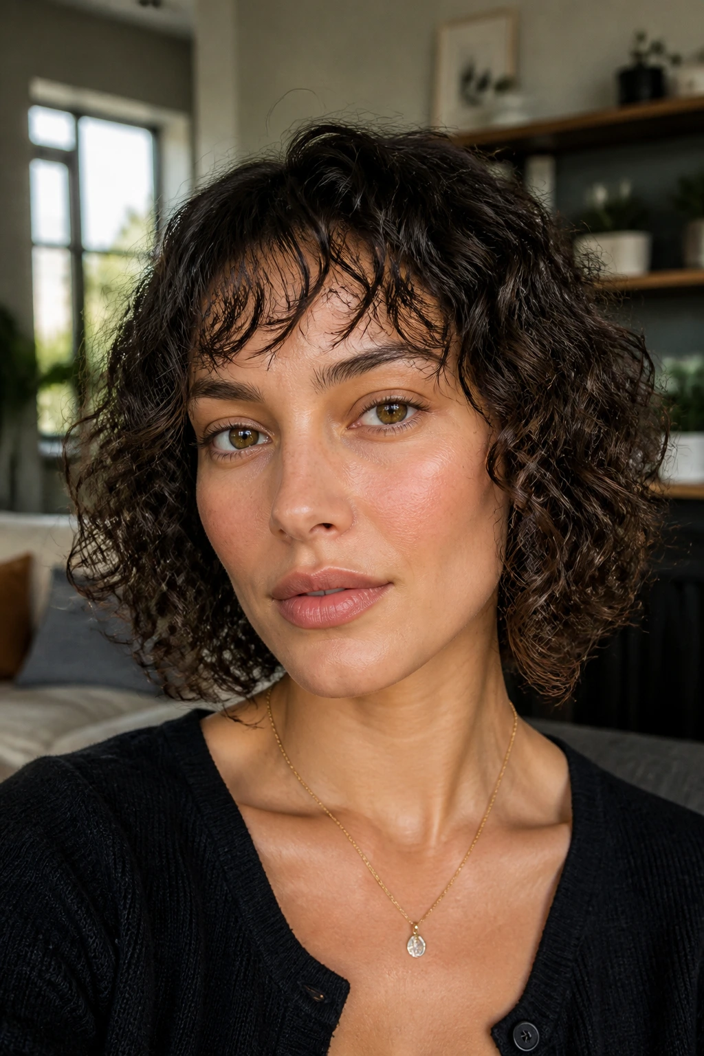 Portrait of a real person with airy baby bangs and broken ends in natural daylight