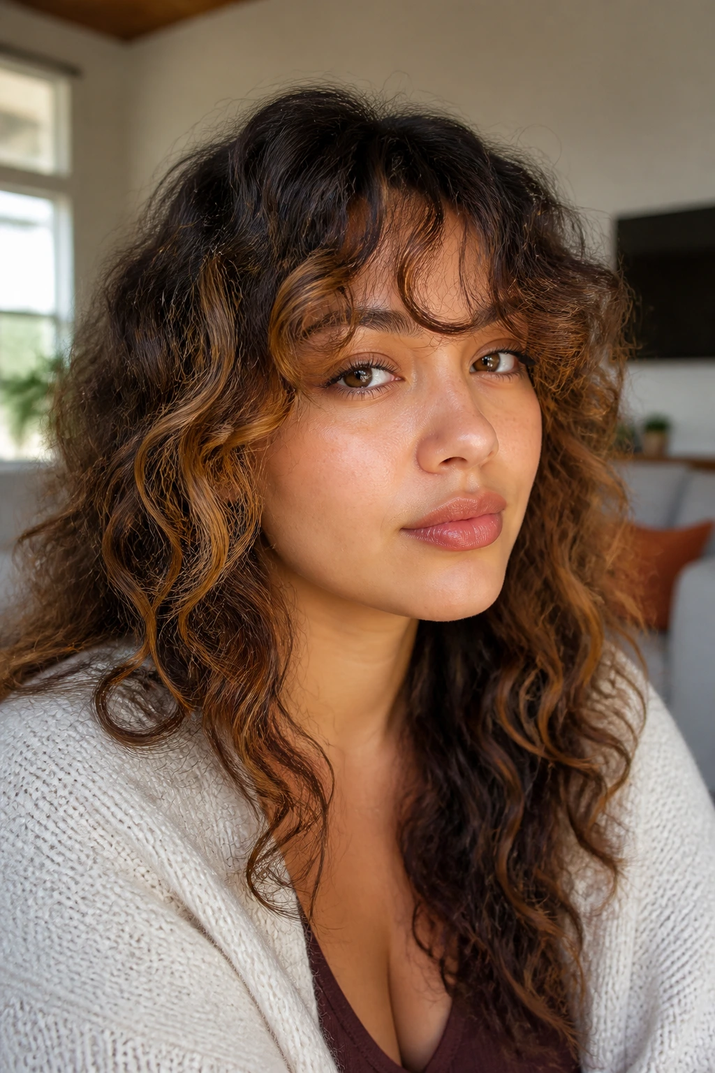Close-up of long curtain curls with caramel face-framing pieces on a real person
