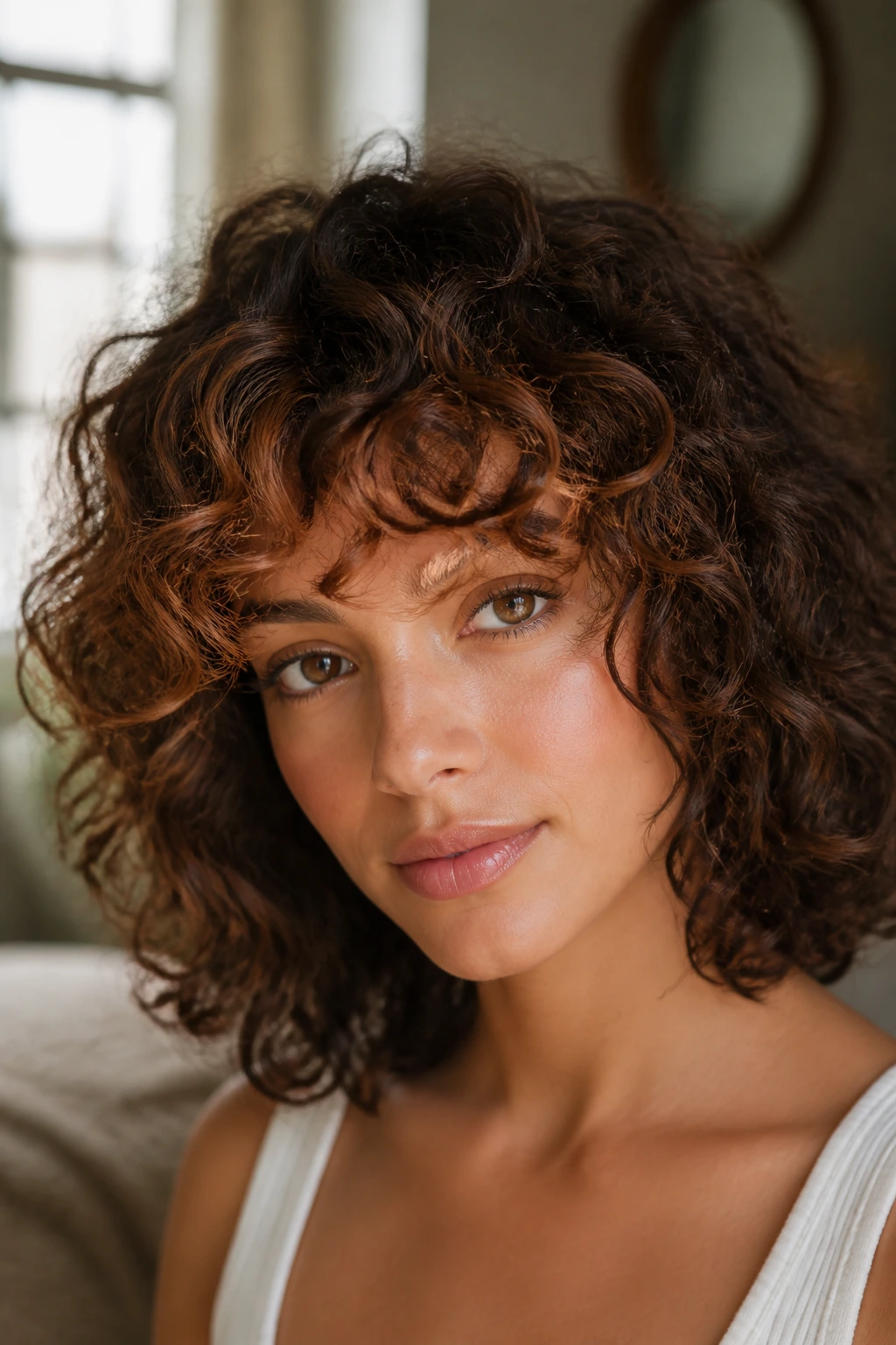 Close-up of curly bangs with cinnamon framing on a real woman's face in warm light