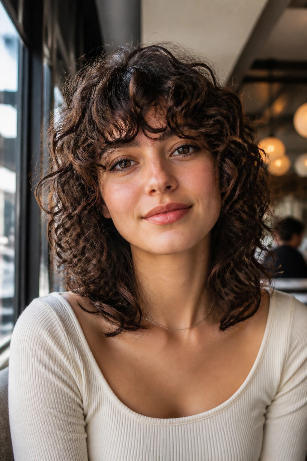 Close-up of a real woman with curly bangs and collarbone-length layers.