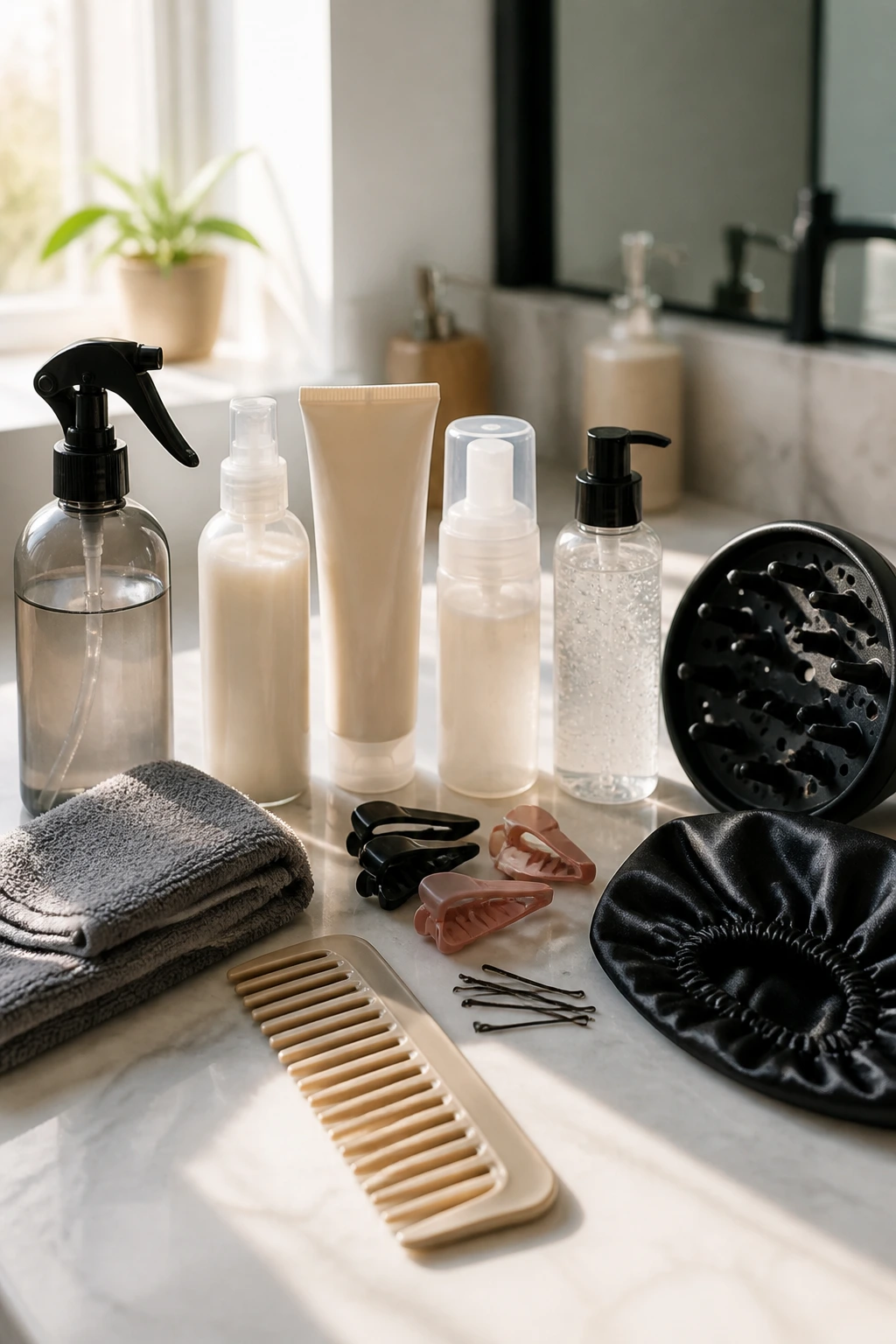 Close-up of curly-hair tools arranged on a bathroom counter for curtain bangs styling