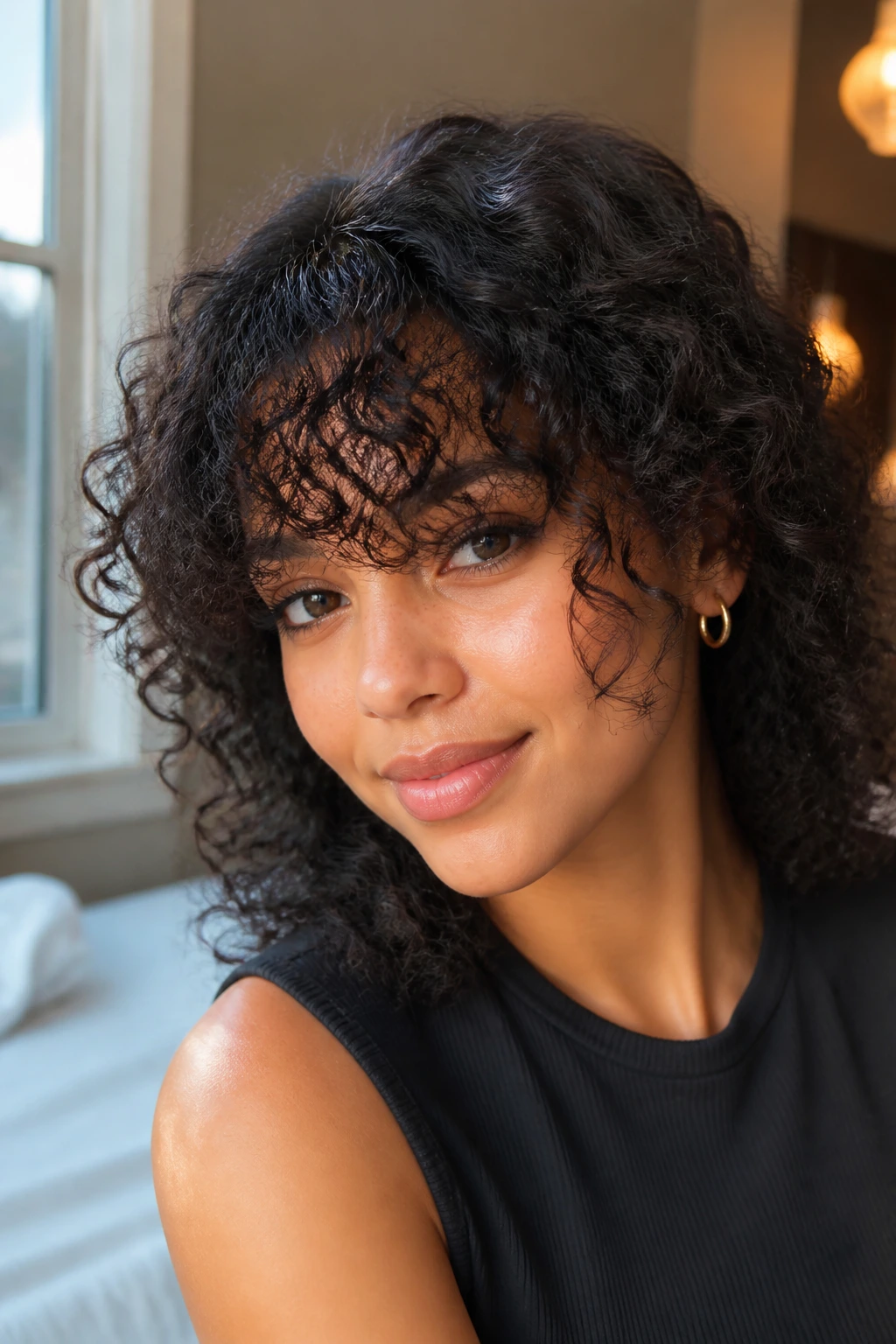 Close-up of a real person with curly bangs in a cozy indoor setting