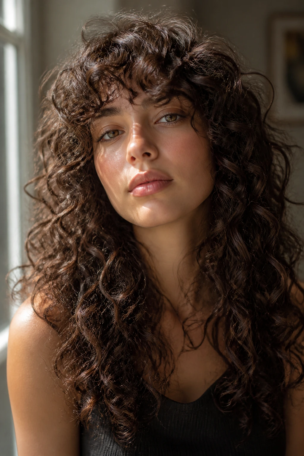 Close-up portrait of a real woman with curly bangs and long layers