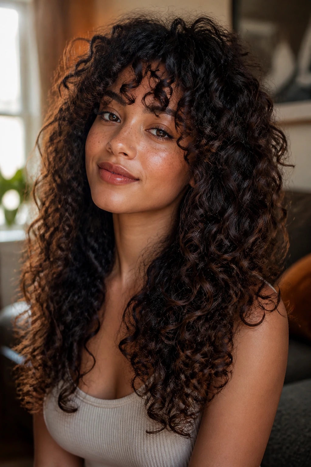 Close-up of a real person with curly bangs and long layers