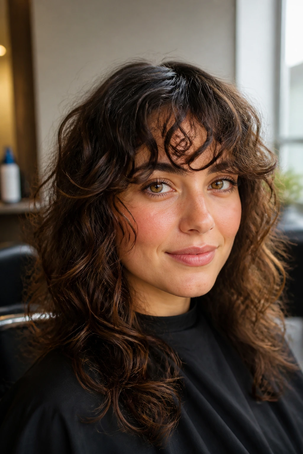 Real woman with wavy bangs showing length variation relative to curl pattern.