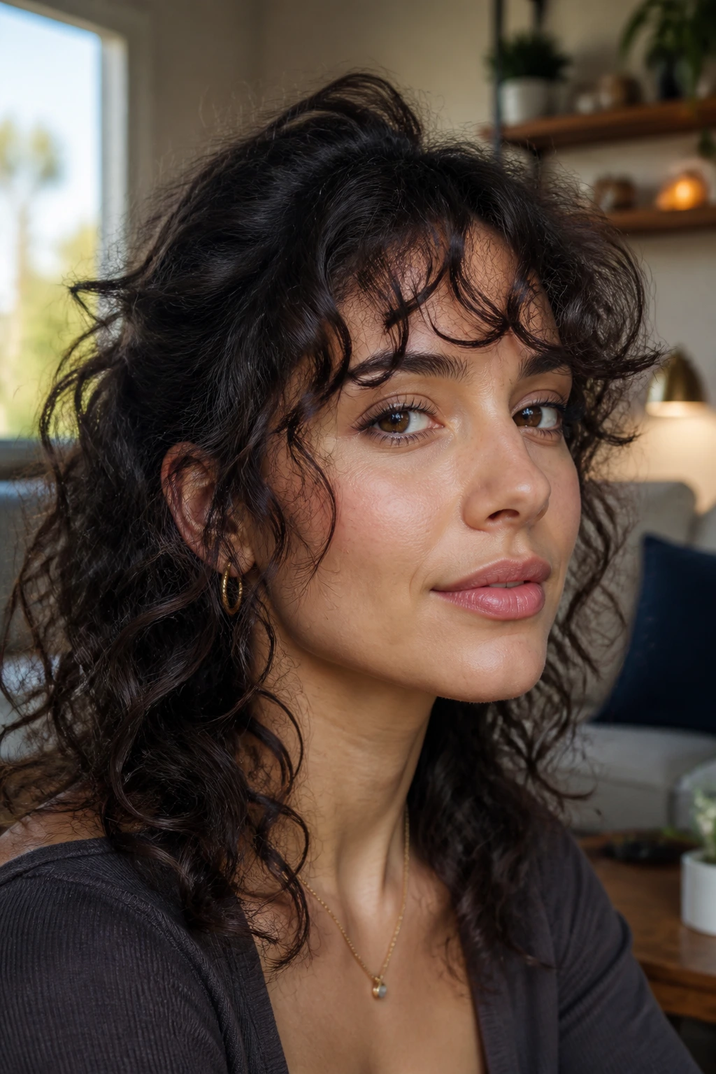 Close-up of a woman with curly bangs showing lift at the roots and separated front pieces