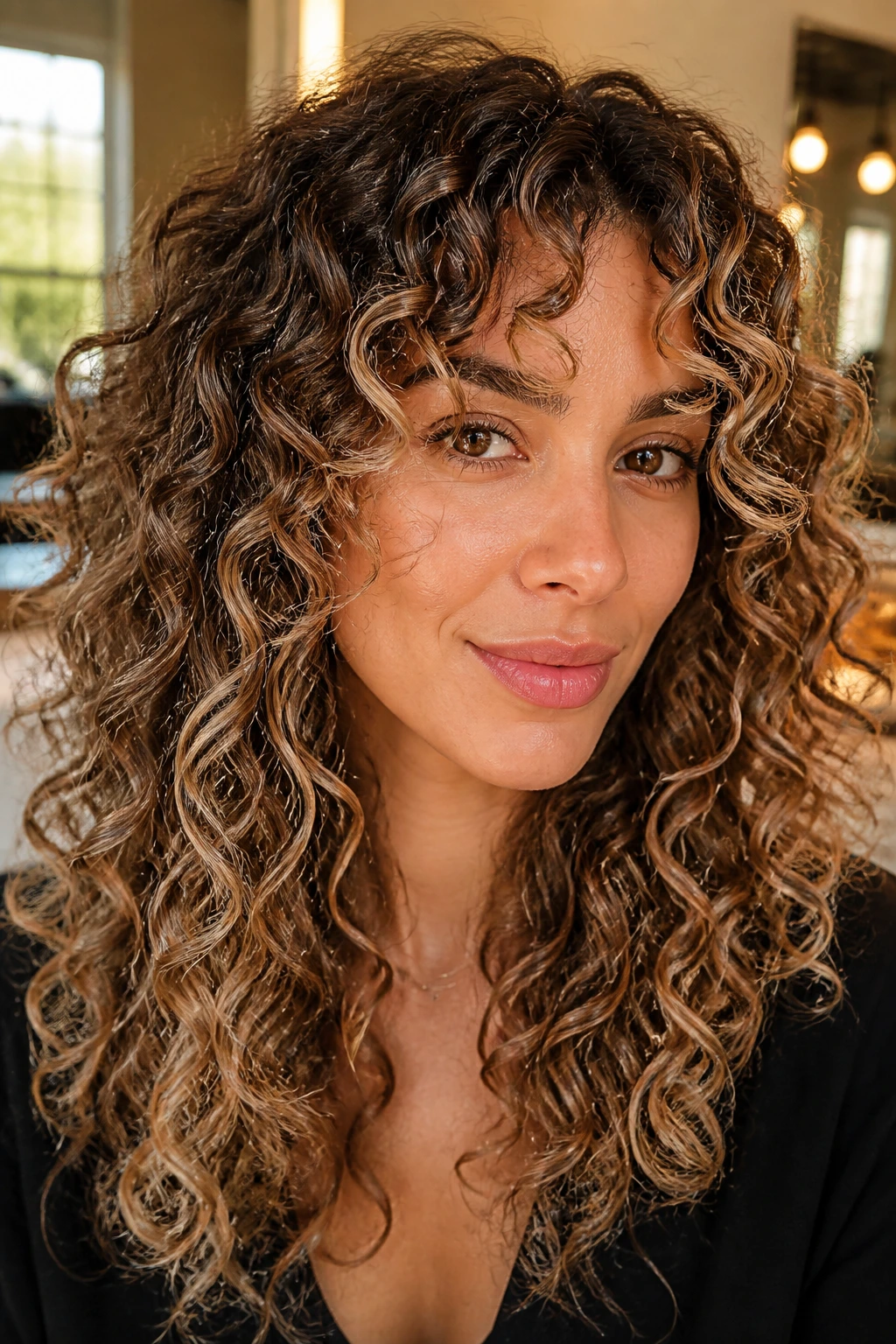 Close-up of a real woman with curly curtain bangs and lightened spirals framing the brow