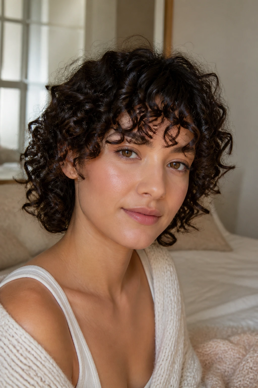 Real person with well-shaped curly bangs between cuts in a cozy room