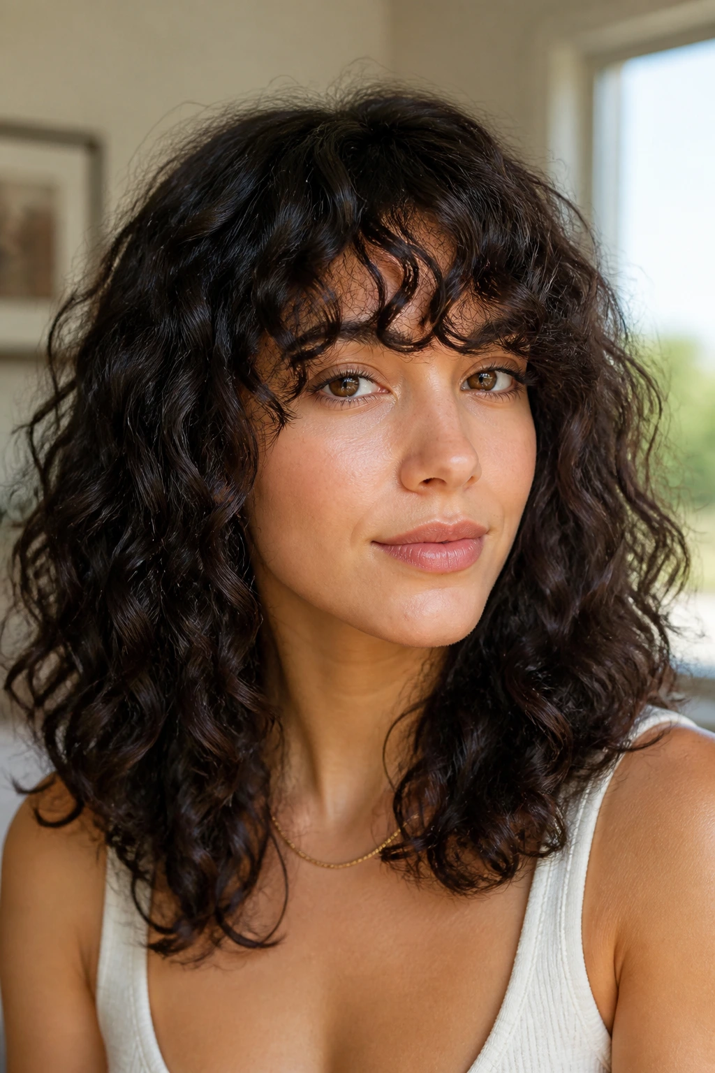 Close-up of a woman with curly bangs at brow level in a midi cut