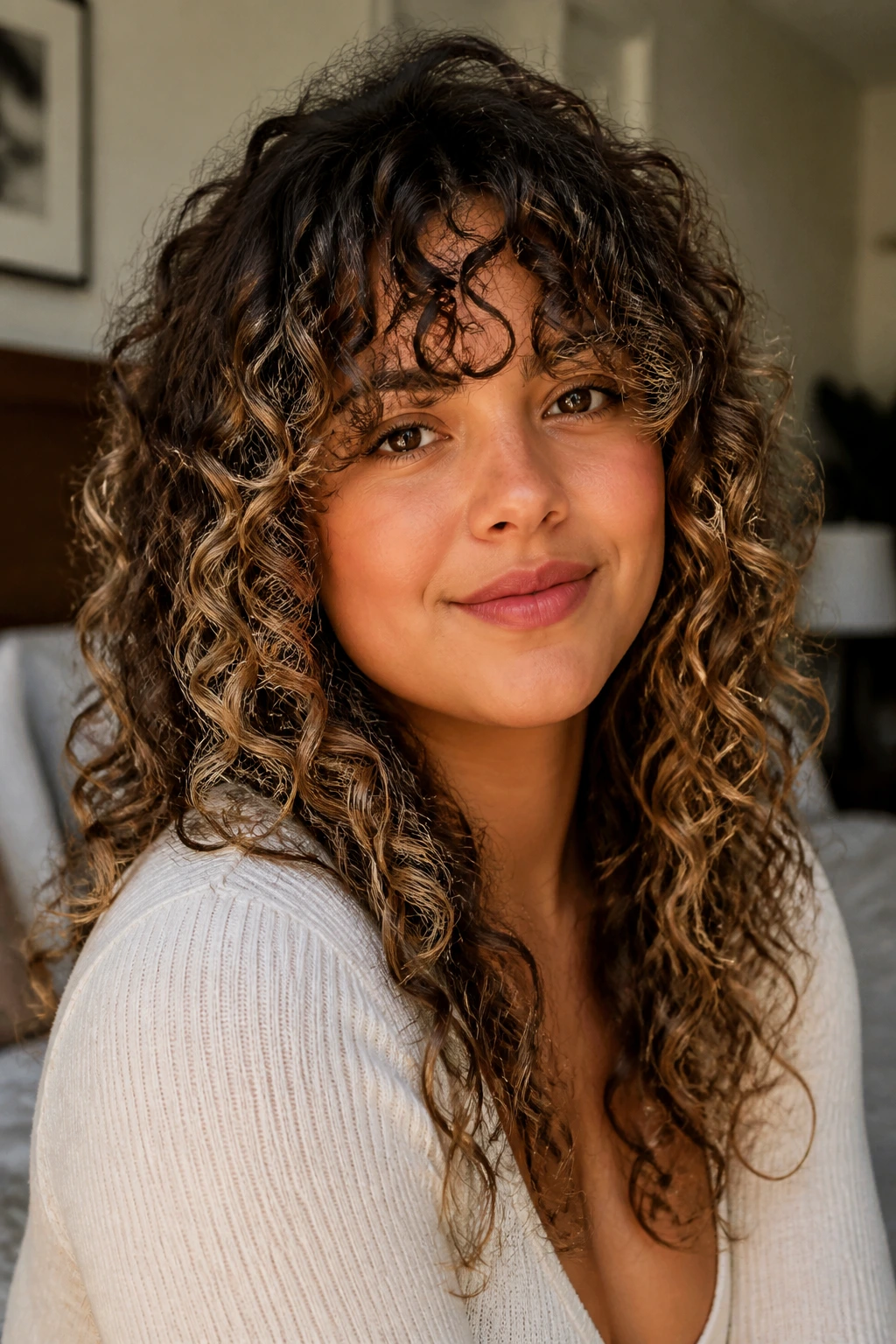 Close-up portrait of a woman with curly bangs and money-piece highlights on a round face