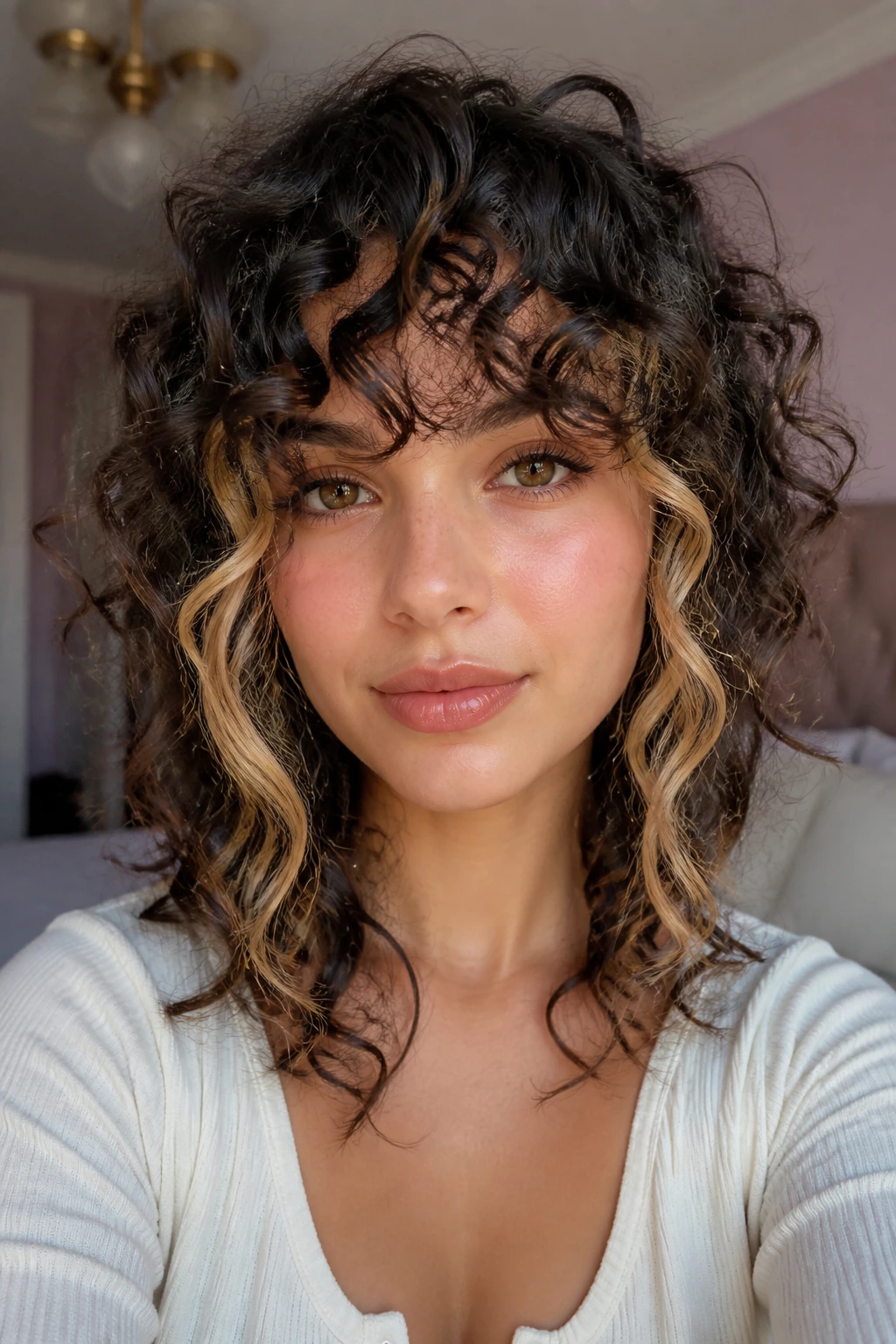 Real person with curly bangs and money-piece highlights framing the face, soft daylight