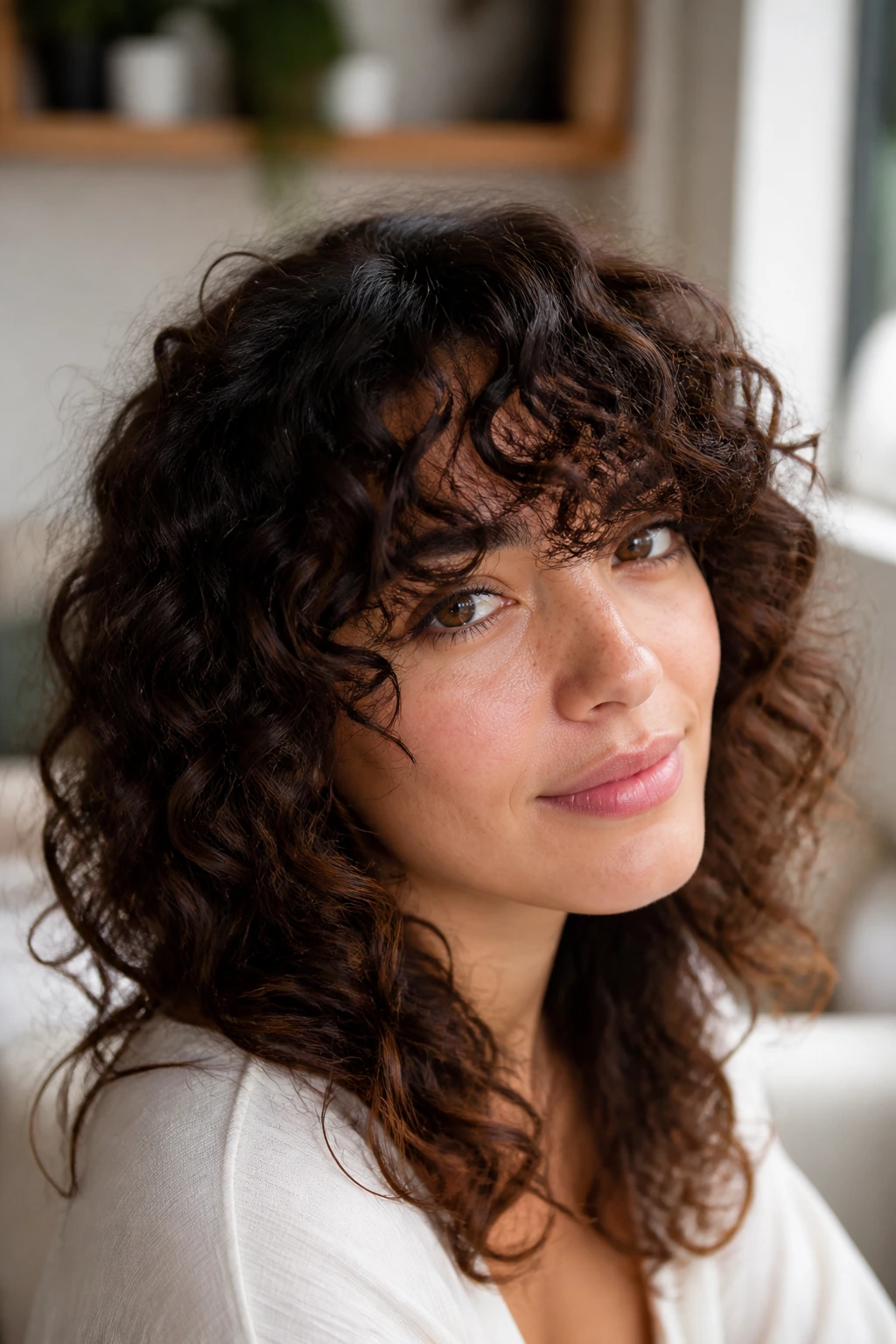 Close-up of a real woman with curly bangs past the brows