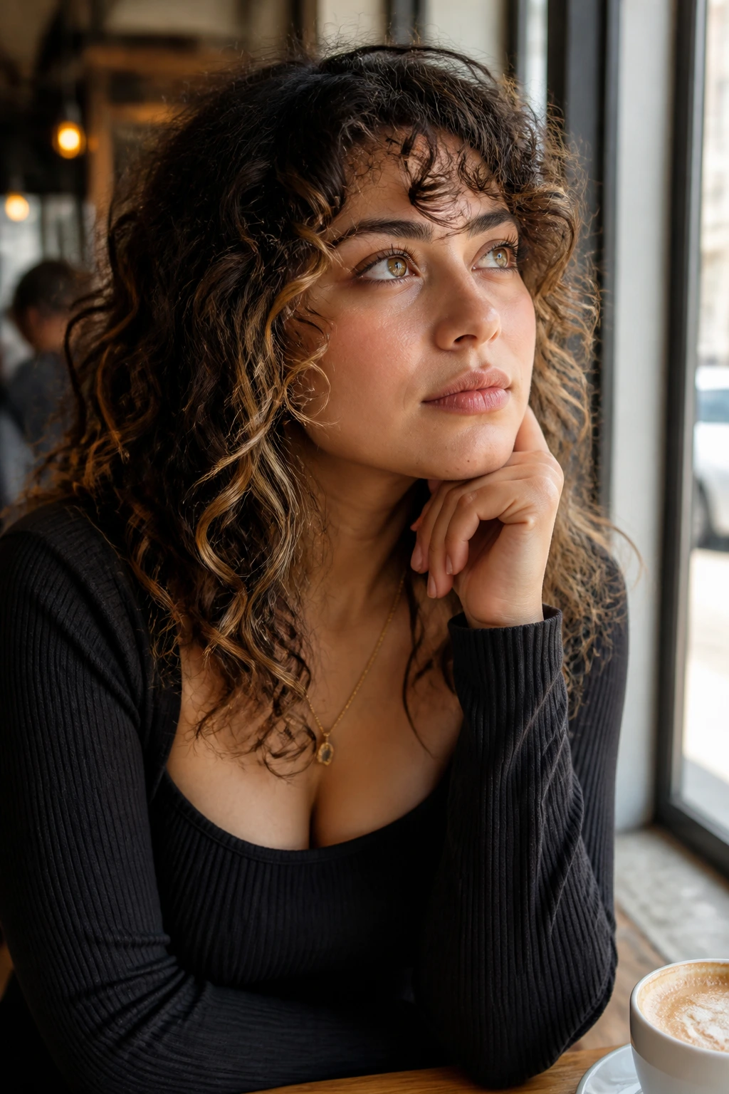 Portrait of a thoughtful person with curly bangs in a cafe setting