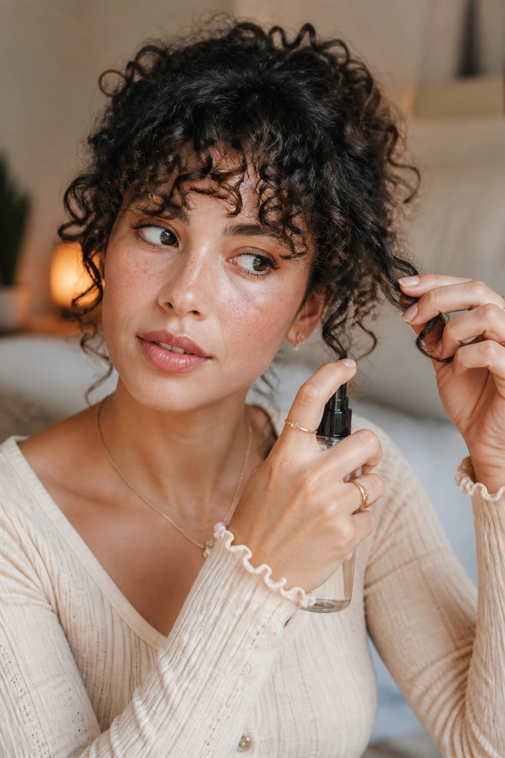 Close-up of a real woman refreshing curly bangs with mist and finger shaping