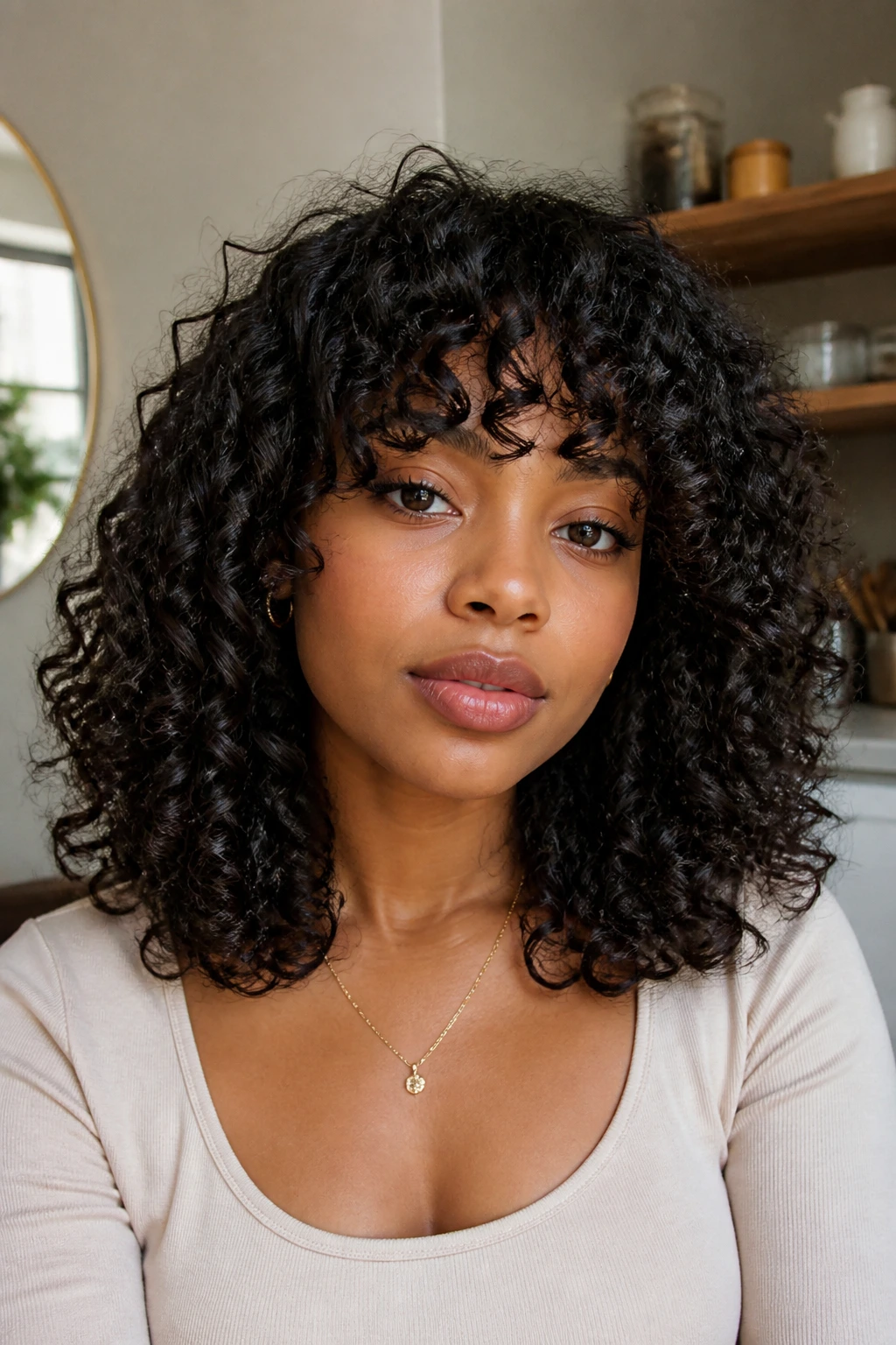Real woman with curly bangs and shoulder-length curly hair