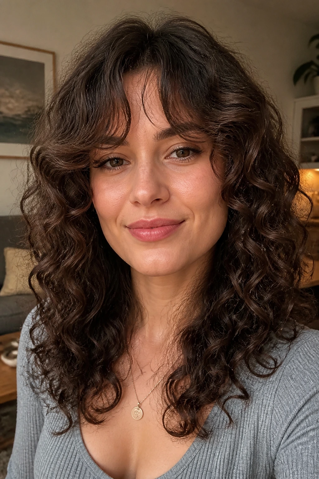Close-up of a person with soft curtain bangs and layered curls.