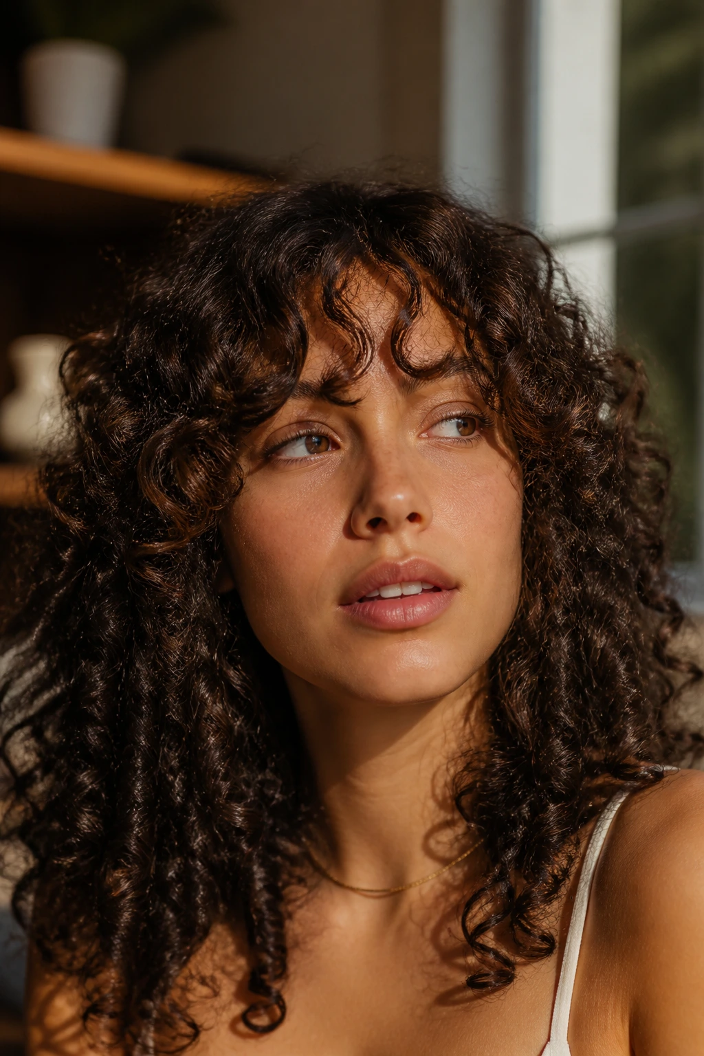 Portrait of a woman with curtain bangs styled to follow natural curl pattern