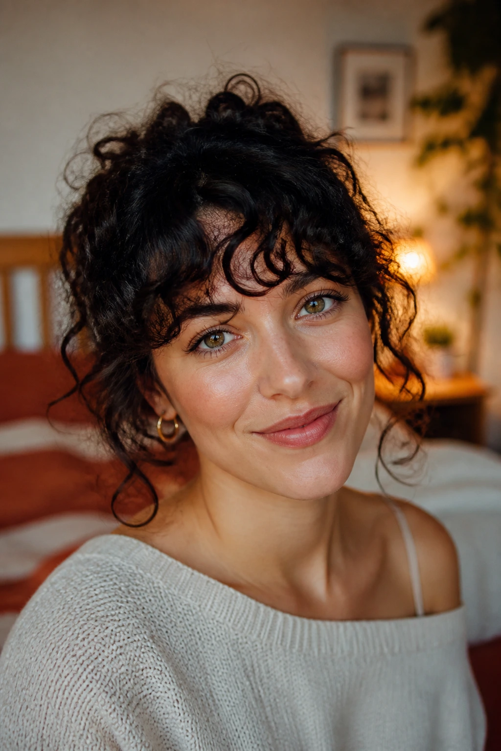 Close-up of a real woman with curly bangs neatly resting along the forehead in warm window light