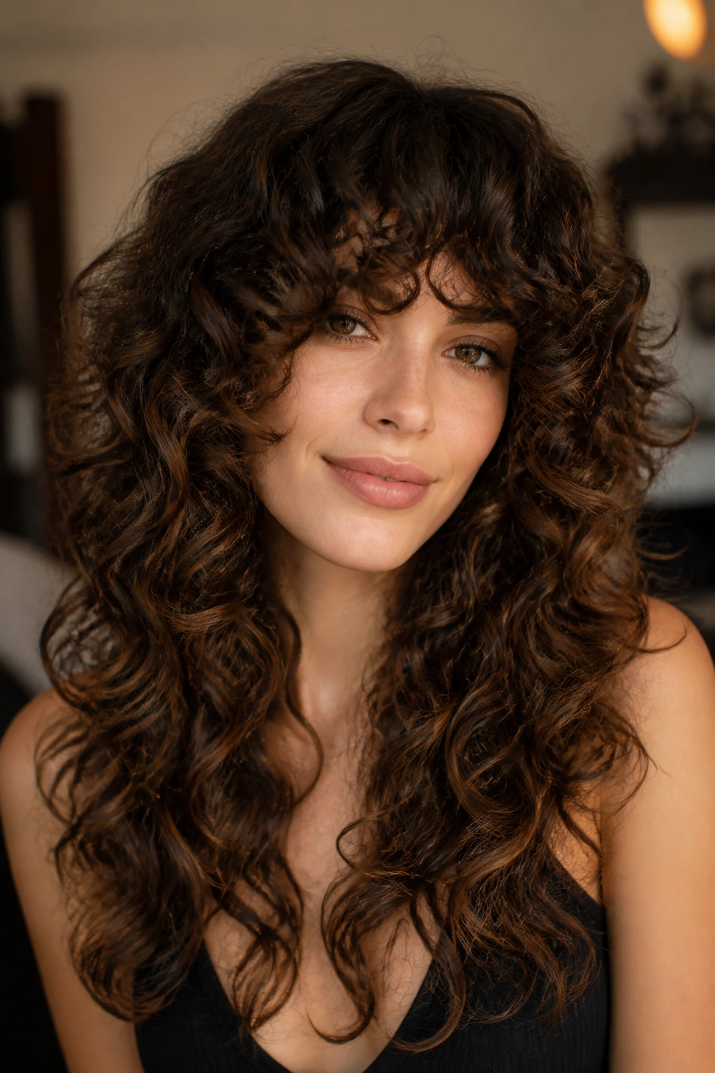 Portrait of a woman with curly hair and long layered bangs demonstrating texture-friendly variation