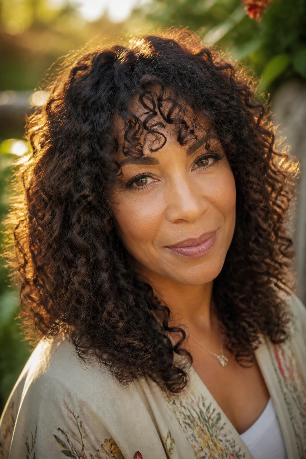 Close-up portrait of a real woman with curly bangs and textured curls