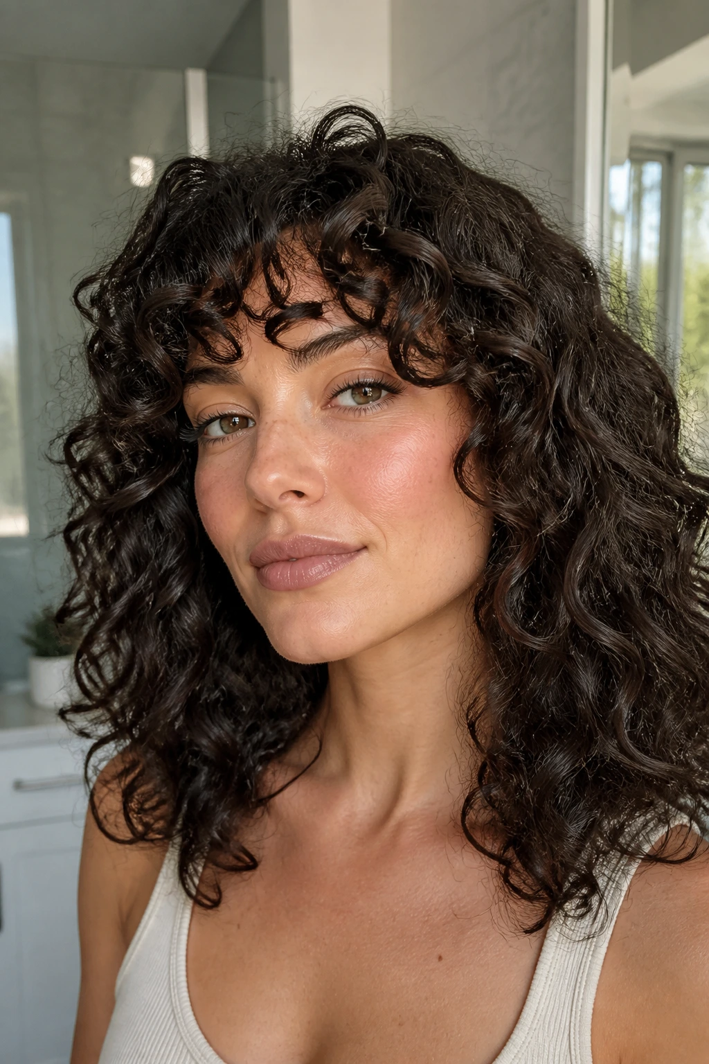 Close-up of a real person with curly bangs on thick hair under natural daylight