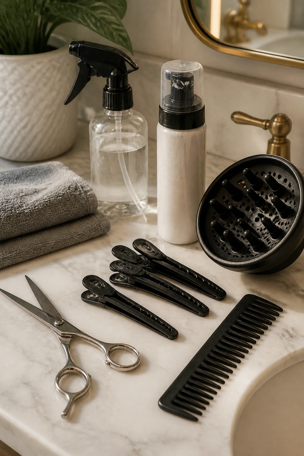 Close-up of curly bangs toolkit tools arranged on a bathroom counter.