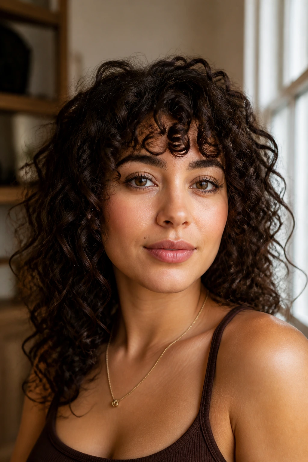 Close-up of a real woman with curly bangs styled for easy wear