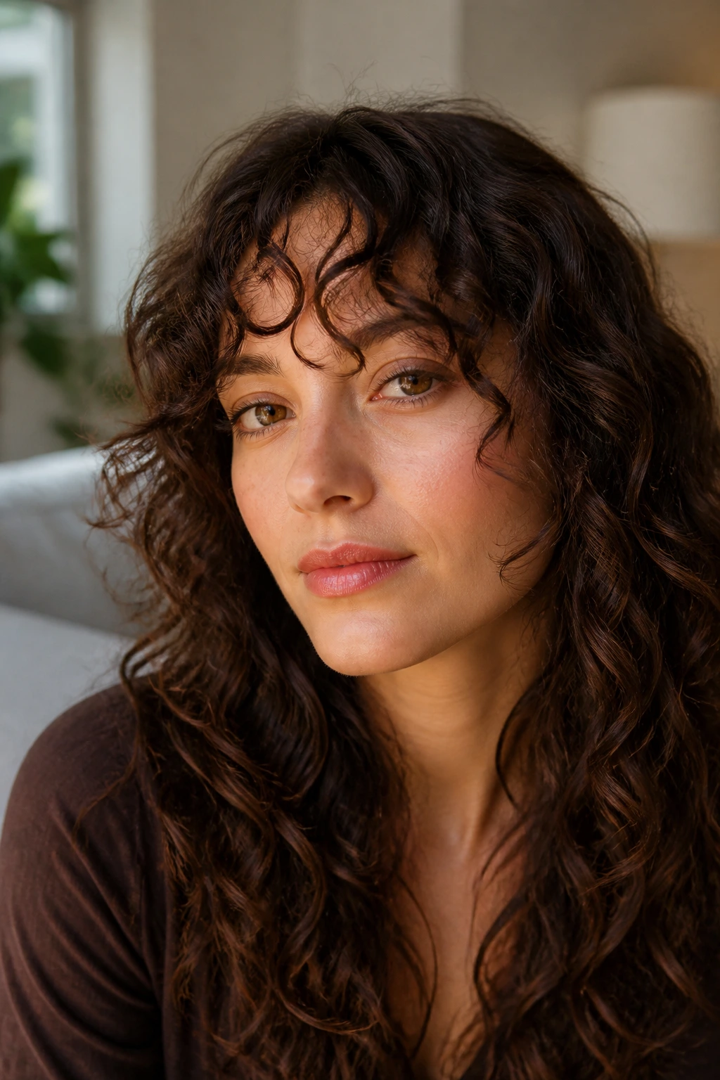 Real person with curly long bangs following wave pattern in daylight
