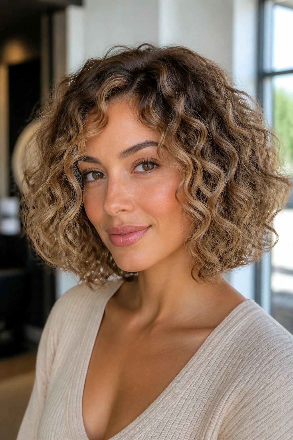 Close-up of curly beige bob on dark hair
