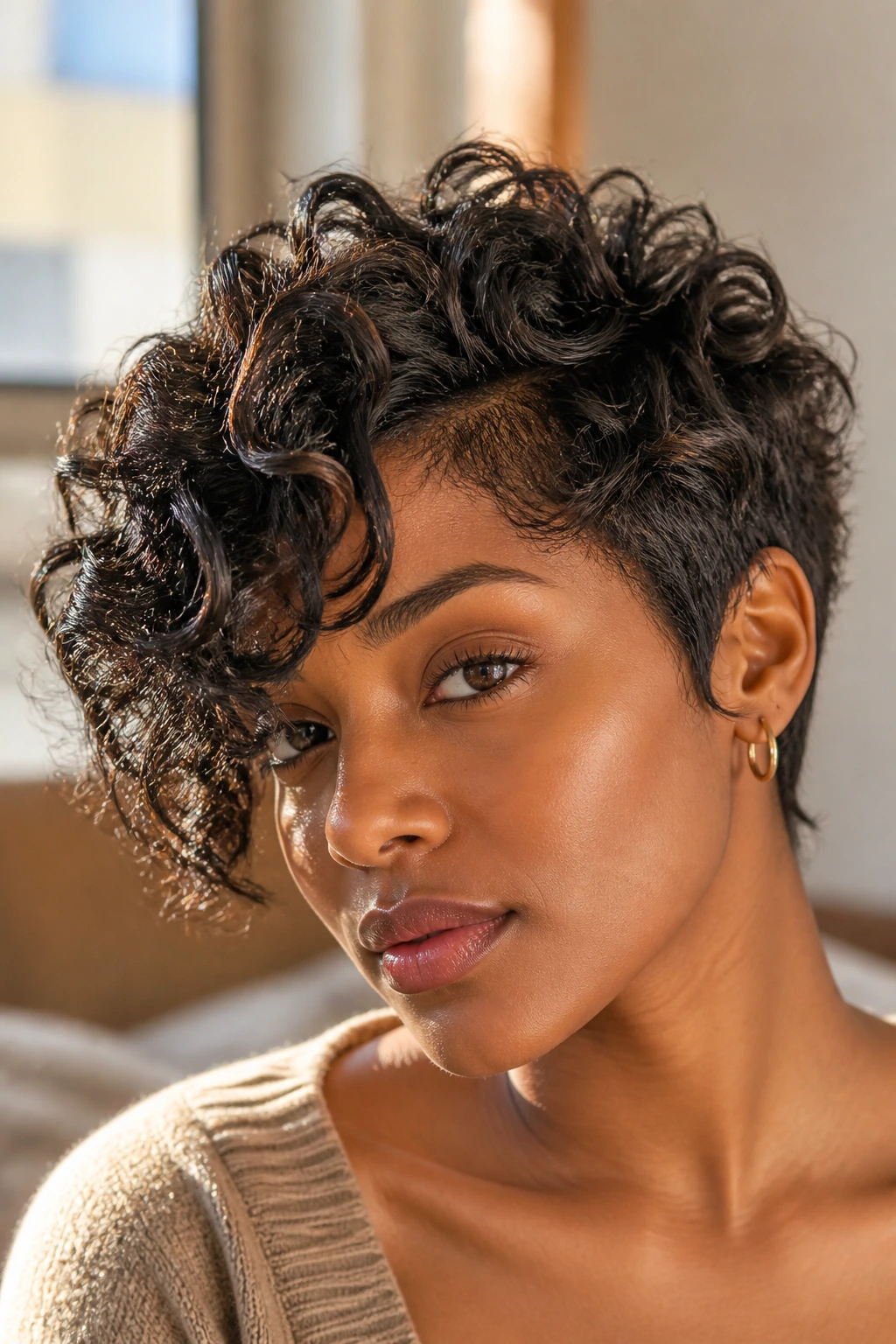 Close-up of a woman with curly bixie and a longer fringe
