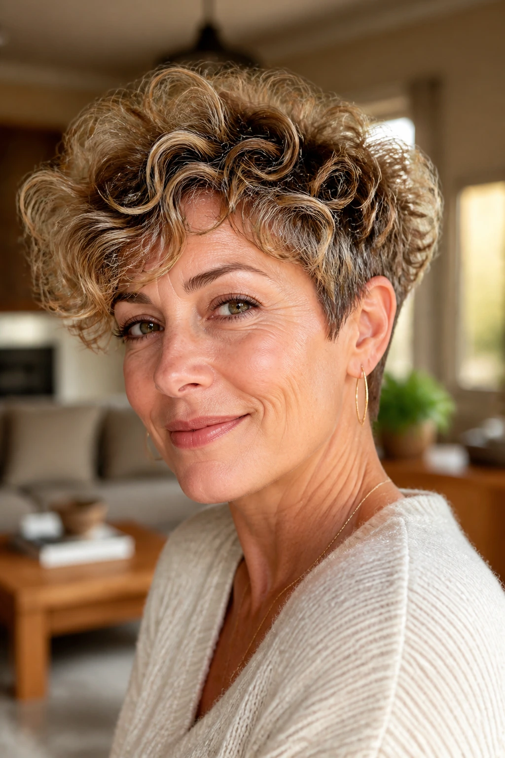 Close-up of a real woman with a curly bixie and longer top, highlighted curls and lifted crown.