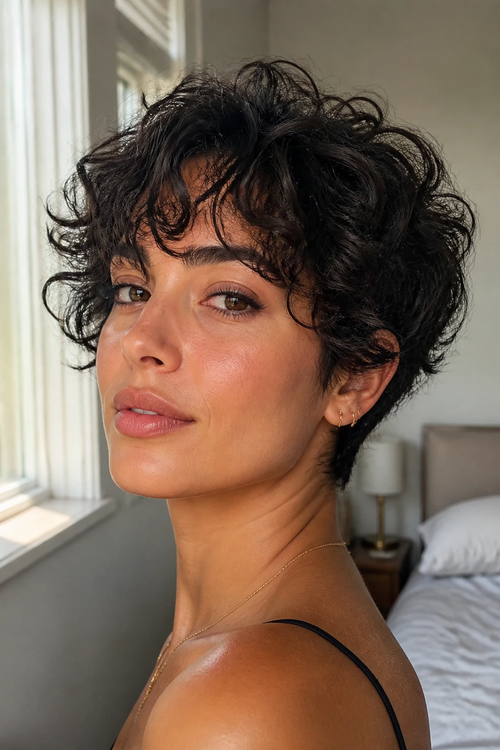 Close-up portrait of a real woman with Curly Bixie hairstyle featuring thick loose curls framing the face