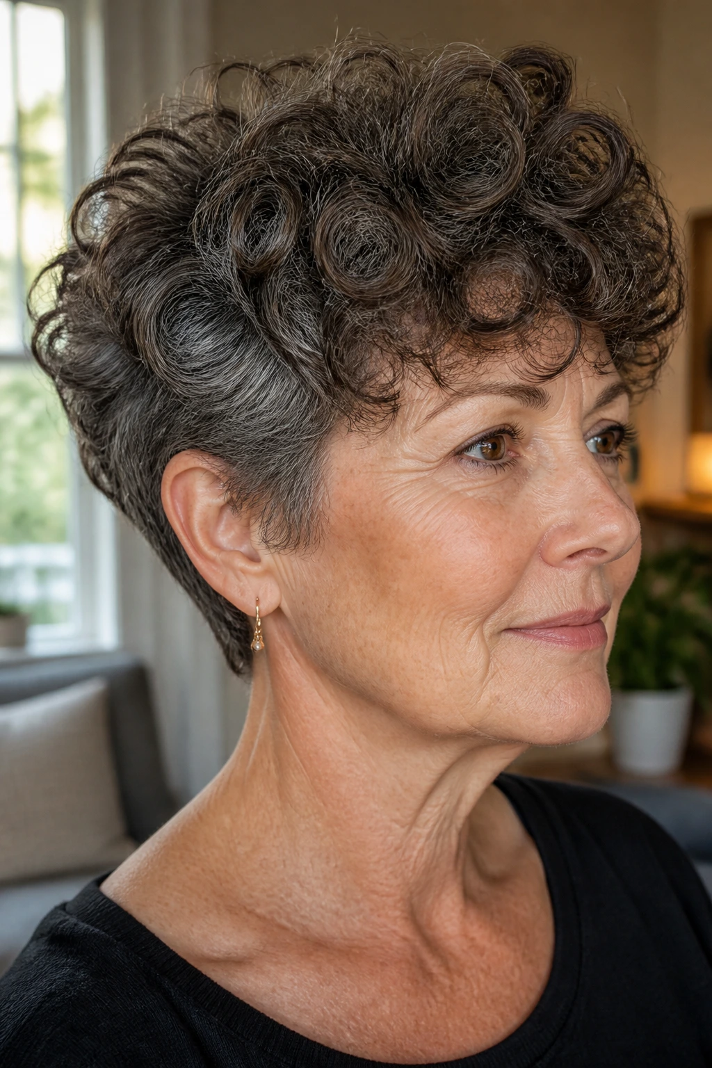 Close-up portrait of a real woman with Curly Bixie With a Soft Nape Taper, showing soft curls and nape taper in warm light.