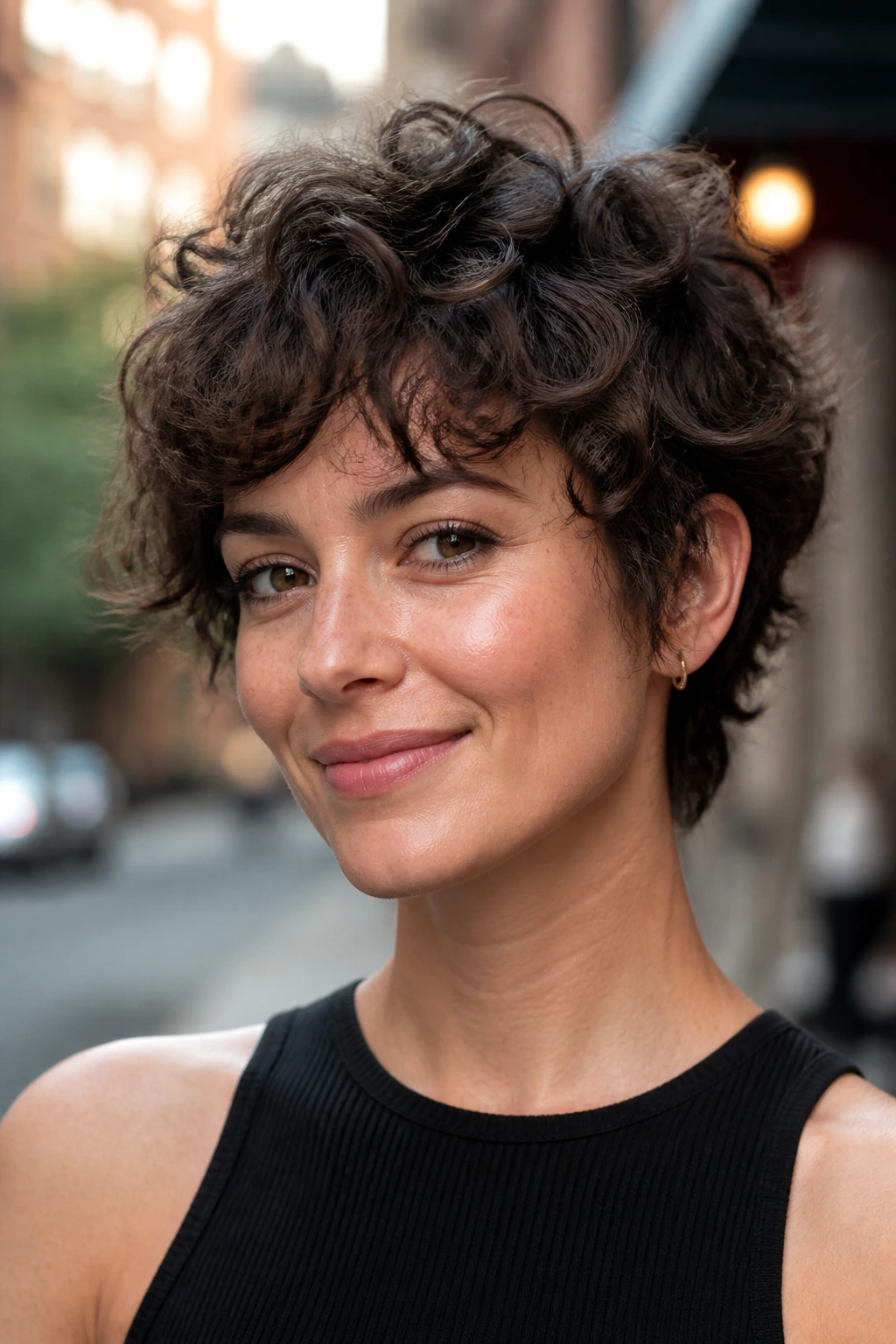 Portrait of a woman with a curly bixie haircut in an urban setting