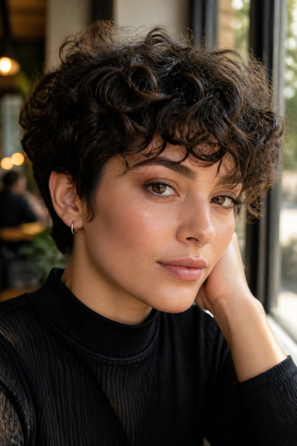 Close-up of a real person with a curly bixie haircut