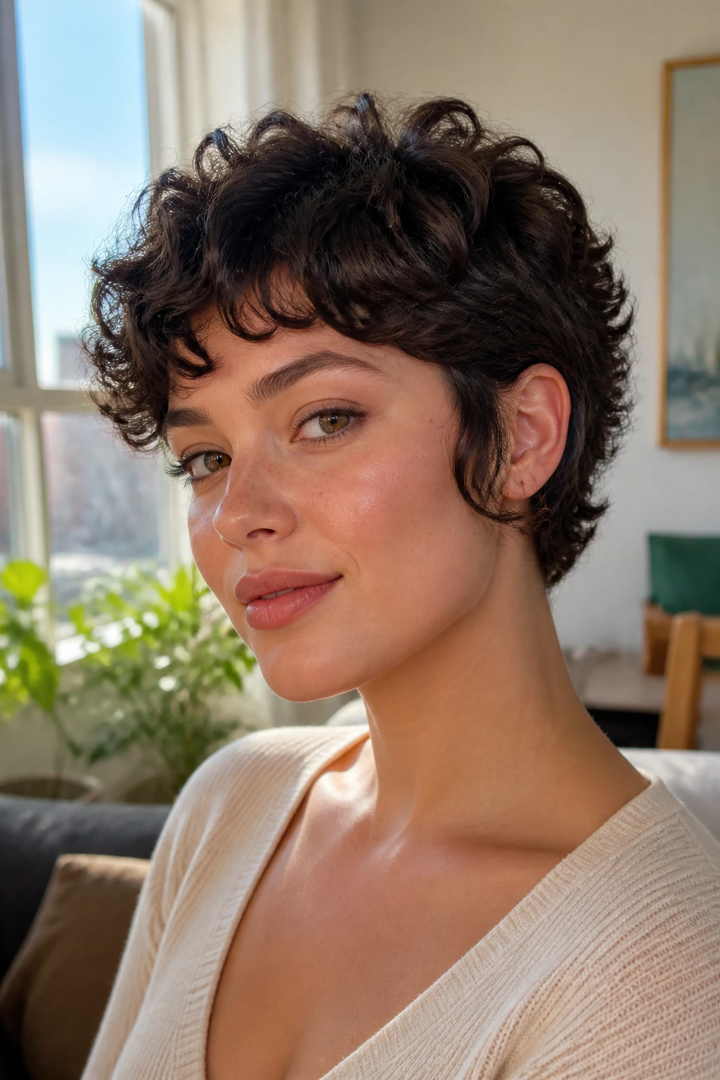 Close-up of a real woman with Curly Bixie with Soft Sideburns.